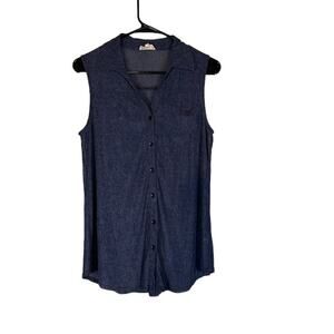 Ember Dark Blue Denim Lightweight Sleeveless Button Down Shirt Women Sz S